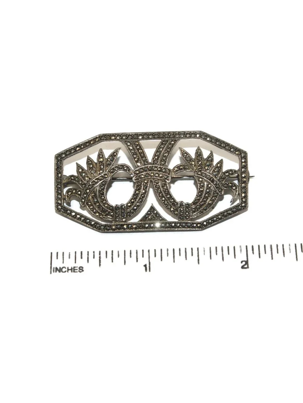 Art Deco Vintage Sterling Silver and Marcasite Floral Design Brooch.